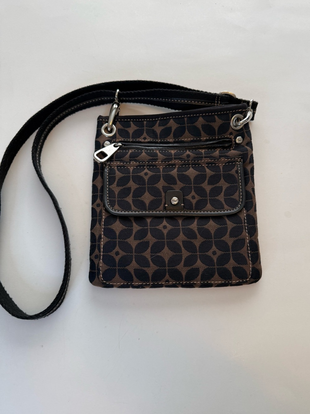 Vintage Fossil Brown/Black Geometric Leaf Floral Canvas Crossbody Messenger Bag